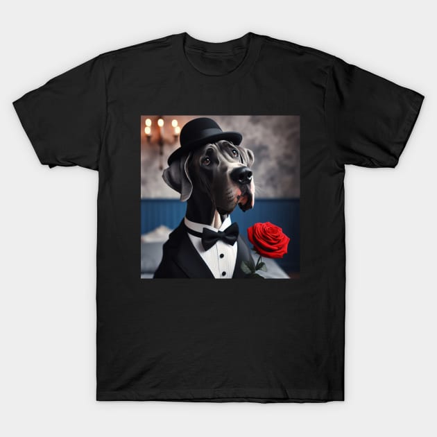 Great dane dog in formal tuxedo with hat and candlelight T-Shirt by nicecorgi